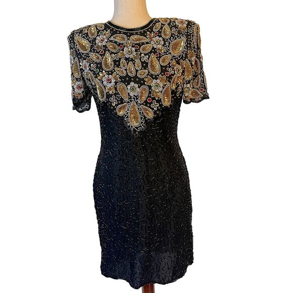 Laurence Kazar Vintage 80s Heavily Beaded Silk Cocktail Dress MP - Picture 3 of 16